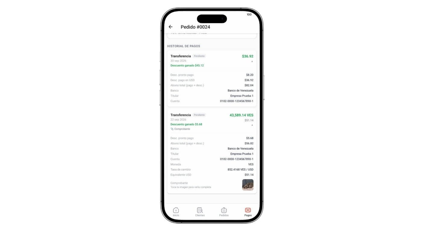 Cobro registrado con foto de comprobante en la app de Adkiero