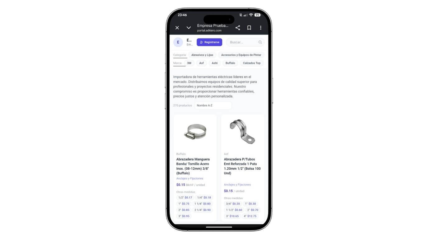 Catálogo en vivo con precios actualizados abierto en el celular